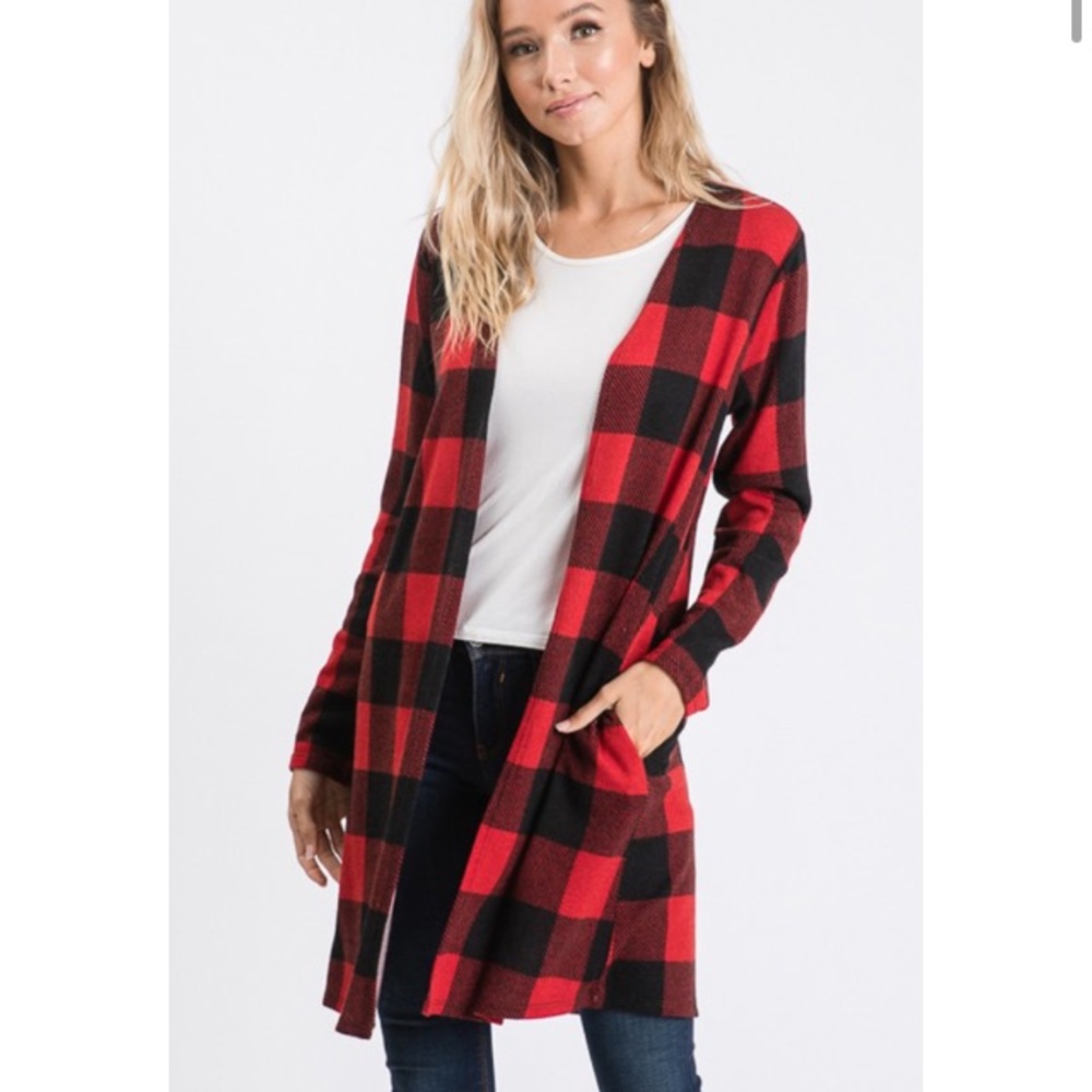 Buffalo Plaid Open Cartigan w/Pockets - Red Blk